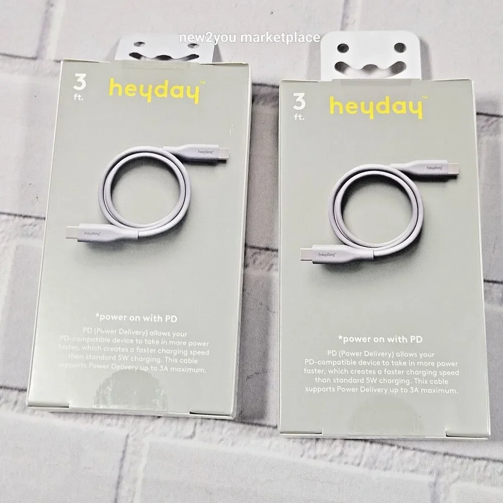 2 lot Heyday 3 FT Fast Charging Cable Iphone/ Ipad-Samsung USB-C To USB-C, Gray